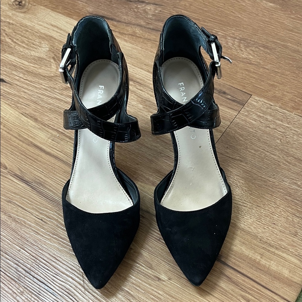 Franco Sarto Anazio suede and croc textured ankle wrap shoes, size 6.5